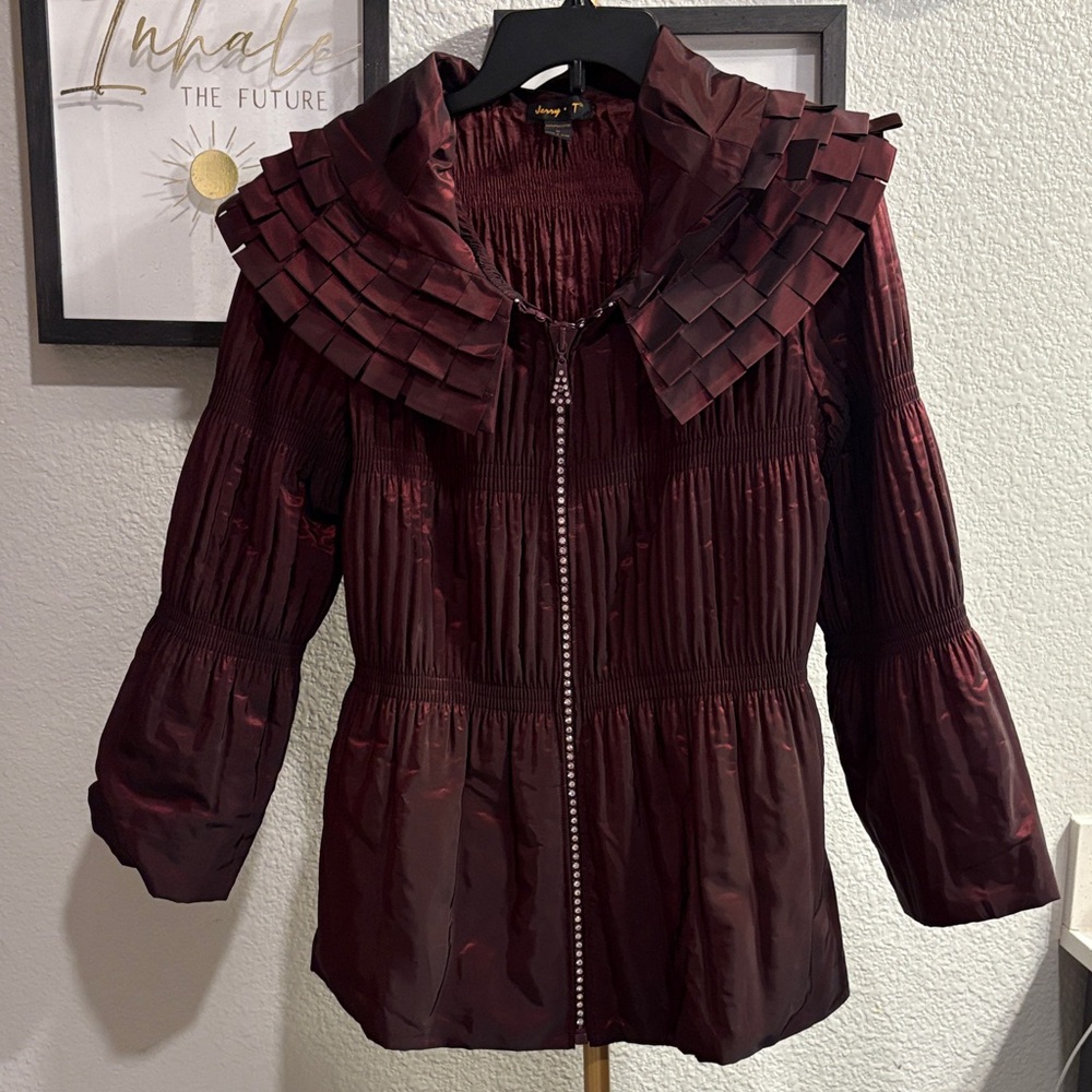 Pleated Collar Burgundy Trench Coat